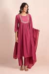 Shop_Samyukta Singhania_Magenta Embroidery Round Neck Floral Work Yoke Kurta Set _at_Aza_Fashions