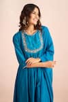 Samyukta Singhania_Blue Embroidery, Sequins, Stones Round Neck Floral Yoke Kurta Set _Online_at_Aza_Fashions