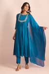 Buy_Samyukta Singhania_Blue Embroidery, Sequins, Stones Round Neck Floral Yoke Kurta Set _at_Aza_Fashions