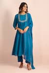 Shop_Samyukta Singhania_Blue Embroidery, Sequins, Stones Round Neck Floral Yoke Kurta Set _Online_at_Aza_Fashions