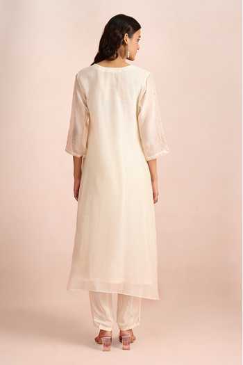 Shop_Samyukta Singhania_Ivory Embroidery, Mirrors, Stones, Beads, Gota Patti V-neck Floral Kurta Set_at_Aza_Fashions