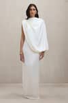 Shop_Deme By Gabriella_Off White Satin High Neck Talia Draped One Shoulder Maxi Dress 