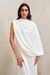 Deme By Gabriella_Off White Satin High Neck Talia Draped One Shoulder Maxi Dress _Online