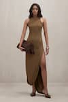 Buy_Deme By Gabriella_Olive Green High Neck Bridget Halter Drape Slit Dress _at_Aza_Fashions
