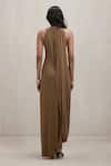 Shop_Deme By Gabriella_Olive Green High Neck Bridget Halter Drape Slit Dress _at_Aza_Fashions