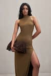Shop_Deme By Gabriella_Olive Green High Neck Bridget Halter Drape Slit Dress _Online_at_Aza_Fashions