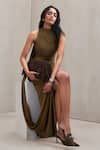 Buy_Deme By Gabriella_Olive Green High Neck Bridget Halter Drape Slit Dress 