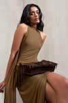 Shop_Deme By Gabriella_Olive Green High Neck Bridget Halter Drape Slit Dress 