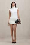 Buy_Deme By Gabriella_Off White Ponte Roma High Neck Linda Turtleneck Shoulder Pad Short Dress _at_Aza_Fashions