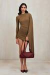 Buy_Deme By Gabriella_Olive Green Round Neck Paula Draped Ruched Long Sleeve Short Dress _at_Aza_Fashions
