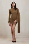 Shop_Deme By Gabriella_Olive Green Round Neck Paula Draped Ruched Long Sleeve Short Dress _Online_at_Aza_Fashions