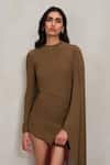 Buy_Deme By Gabriella_Olive Green Round Neck Paula Draped Ruched Long Sleeve Short Dress 