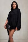 Deme By Gabriella_Black High , Cowl Aeros Tina Draped Long Sleeve Short Dress _at_Aza_Fashions