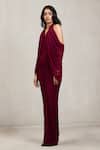 Buy_Deme By Gabriella_Wine Net V-, Halter Kimberly Draped Maxi Dress _Online_at_Aza_Fashions