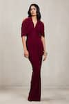 Buy_Deme By Gabriella_Wine Net V-, Halter Kimberly Draped Maxi Dress 