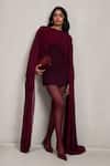 Buy_Deme By Gabriella_Wine Net Round Neck Gina Draped Ferrari Short Dress _at_Aza_Fashions