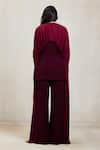 Shop_Deme By Gabriella_Wine Net Round Neck Arwen Draped Gathered Top And Slit Flare Pant Set _at_Aza_Fashions