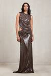 Buy_Deme By Gabriella_Brown Sequins Round Neck Spencer Draped Cutout Top And Skirt Set _at_Aza_Fashions