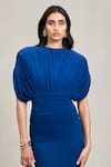 Buy_Deme By Gabriella_Cobalt Net Round Neck Judy Malai Ruched Bodysuit And Skirt Set 