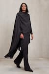 Buy_Deme By Gabriella_Grey Wool, Suiting Cowl Neck, High Dawn Draped Top Pant Detachable Skirt Set 