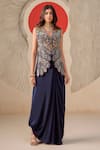 Buy_Rishi And Soujit_Navy Bemberg, Crepe Embroidery V-neck Paisley Thread Jacket Bustier And Skirt _at_Aza_Fashions