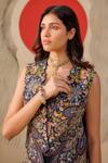 Buy_Rishi And Soujit_Navy Bemberg, Crepe Embroidery V-neck Paisley Thread Jacket Bustier And Skirt _Online_at_Aza_Fashions