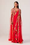 Buy_Rishi And Soujit_Red Bemberg, Crepe, Organza Embroidery, Pearls Floral Draped Saree And Cape Set _at_Aza_Fashions