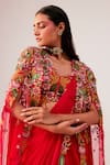 Buy_Rishi And Soujit_Red Bemberg, Crepe, Organza Embroidery, Pearls Floral Draped Saree And Cape Set _Online_at_Aza_Fashions