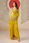 Buy_Rishi And Soujit_Yellow Bemberg, Crepe Embroidery, Pearls Sweetheart Blazer And Draped Skirt Set _at_Aza_Fashions
