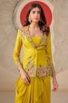 Rishi And Soujit_Yellow Bemberg, Crepe Embroidery, Pearls Sweetheart Blazer And Draped Skirt Set _Online_at_Aza_Fashions