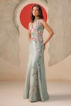 Rishi And Soujit_Blue Bemberg, Silk Embroidery, Pearls Floral Thread And Waistcoat Pant Set _Online_at_Aza_Fashions