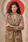 Rishi And Soujit_Green Bemberg, Silk, Crepe Embroidery Sweetheart Neck Thread Blazer And Pant Set _Online_at_Aza_Fashions