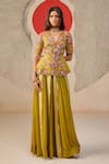 Buy_Rishi And Soujit_Lime Bemberg, Georgette Embroidery V-neck Floral Peplum Top And Sharara Set _at_Aza_Fashions