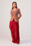 Buy_Rishi And Soujit_Rust Bemberg, Crepe, Silk Embroidery, Pearls Floral Wrap Top And Drape Skirt Set _at_Aza_Fashions