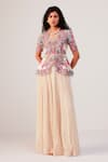 Buy_Rishi And Soujit_Ivory Bemberg, Crepe Embroidery, Pearls Floral Peplum Top And Flared Pant Set _at_Aza_Fashions