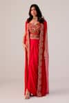 Buy_Rishi And Soujit_Red Bemberg, Crepe, Silk, Multicolour Thread Bustier Drape Skirt And Cape _at_Aza_Fashions
