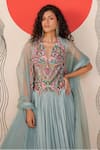 Buy_Rishi And Soujit_Blue Bemberg, Crepe, Organza Embroidery, Paisley Waistcoat Lehenga And Dupatta _Online_at_Aza_Fashions