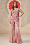 Buy_Rishi And Soujit_Pink Bemberg, Crepe Embroidery, Pearls V-neck Floral Pre-draped Saree And Blouse _at_Aza_Fashions