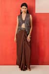 Buy_Rishi And Soujit_Chocolate Crepe Beads, Embroidery V-neck Hand Jacket And Draped Skirt Set _at_Aza_Fashions