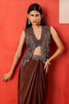 Buy_Rishi And Soujit_Chocolate Crepe Beads, Embroidery V-neck Hand Jacket And Draped Skirt Set _Online_at_Aza_Fashions