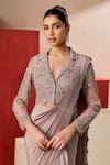 Rishi And Soujit_Pink Crepe, Organza Beads, Embroidery V-neck, Cutdana Pre-draped Saree And Jacket _Online_at_Aza_Fashions