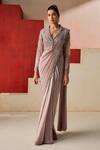 Buy_Rishi And Soujit_Pink Crepe, Organza Beads, Embroidery V-neck, Cutdana Pre-draped Saree And Jacket _at_Aza_Fashions