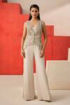 Buy_Rishi And Soujit_Ivory Crepe Sequins, Embroidery V-neck Jacket And Flared Pant Set _at_Aza_Fashions
