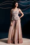Buy_Rishi And Soujit_Pink Tissue Embroidery, Beads, Sequins Sweetheart Hand Peplum And Flared Pant Set _at_Aza_Fashions