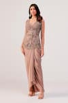 Buy_Rishi And Soujit_Beige Organza, Crepe Applique, Beads, Embroidered Jacket Draped Skirt Set _at_Aza_Fashions