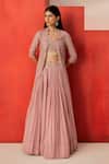 Buy_Rishi And Soujit_Pink Crepe Beads, Sequins, Pearls Open Floral Embroidered Jacket Lehenga Set _at_Aza_Fashions