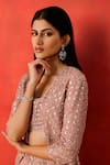 Shop_Rishi And Soujit_Pink Crepe Beads, Sequins, Pearls Open Floral Embroidered Jacket Lehenga Set _Online_at_Aza_Fashions