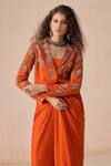 Shop_Rishi And Soujit_Orange Jacquard Beads, Sequins, Mirrors, Embroidery Jacket And Draped Skirt Set _Online_at_Aza_Fashions