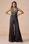 Buy_Rishi And Soujit_Navy Jacquard Embroidery, Sequins, Beads, Mirrors Waistcoat And Flared Pant Set _at_Aza_Fashions