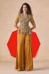Buy_Rishi And Soujit_Mustard Jacquard Embroidery, Sequins, Beads Sequence Peplum Top And Pant _at_Aza_Fashions